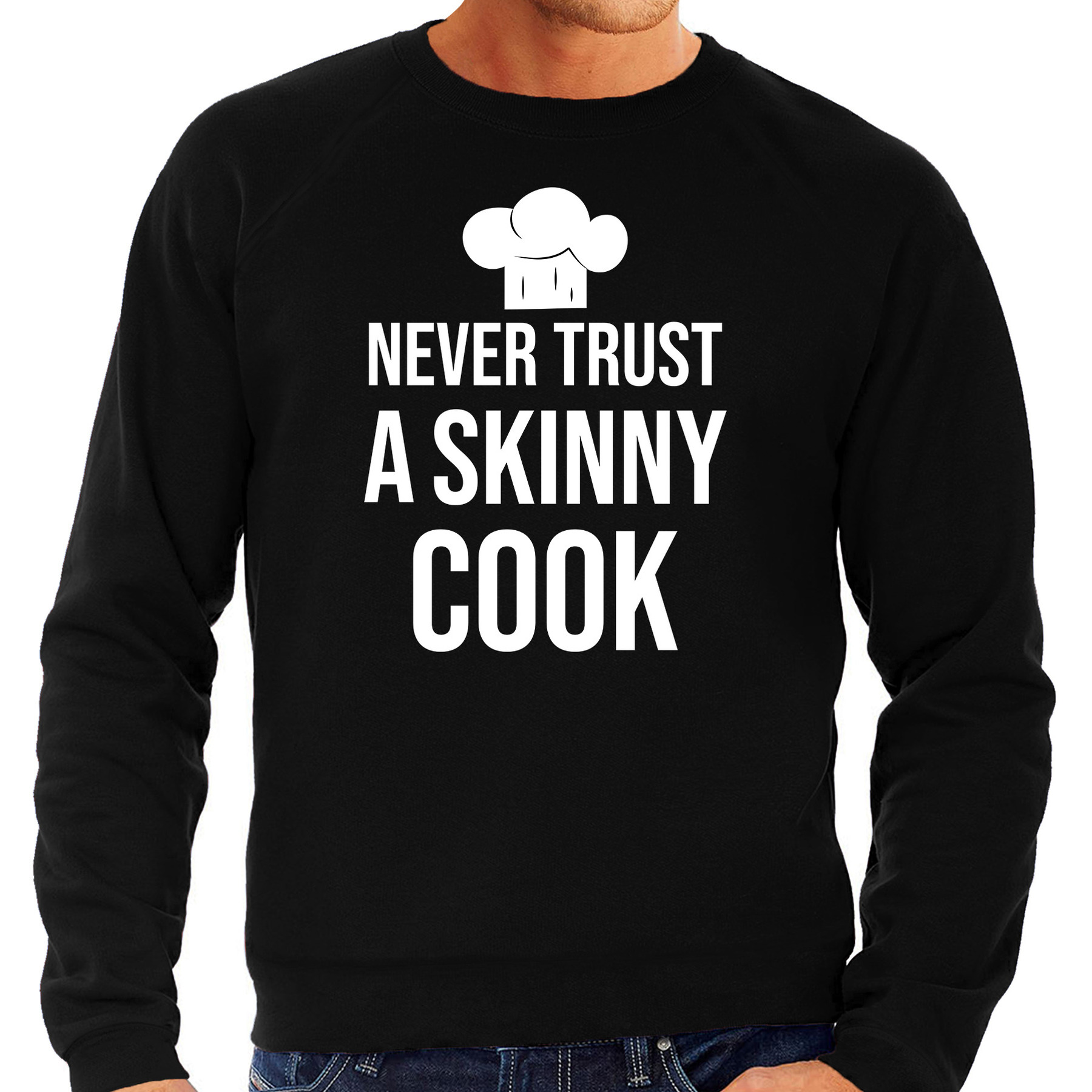 Never trust a skinny cook bbq-barbecue cadeau sweater zwart voor heren