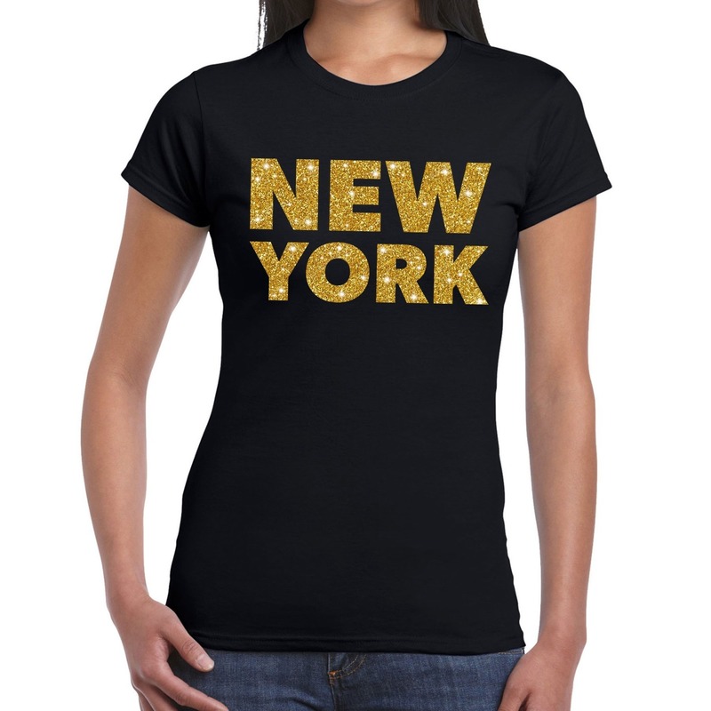 New York gouden glitter tekst t-shirt zwart dames