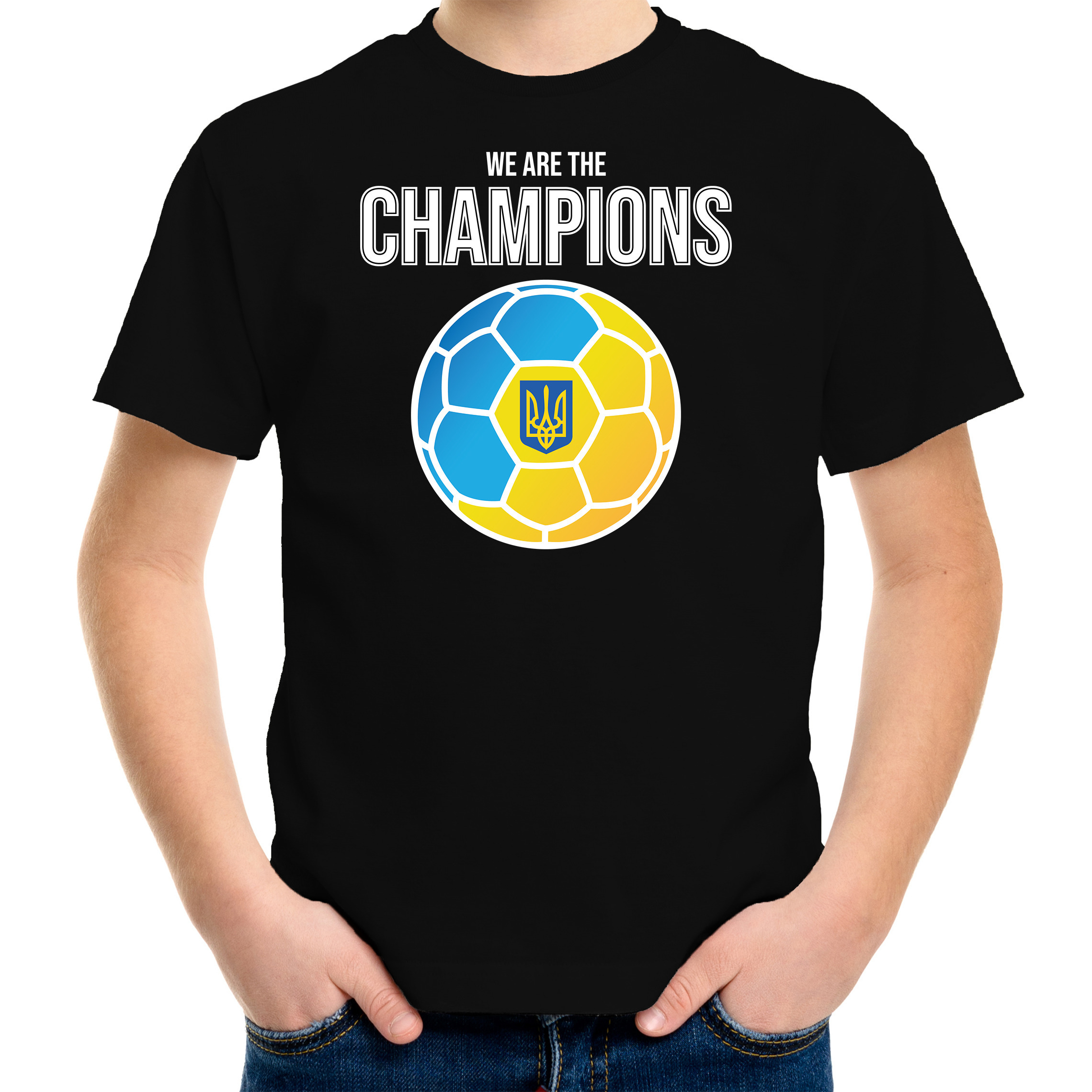 Oekraine EK- WK supporter t-shirt we are the champions met Oekrainse voetbal zwart kinderen