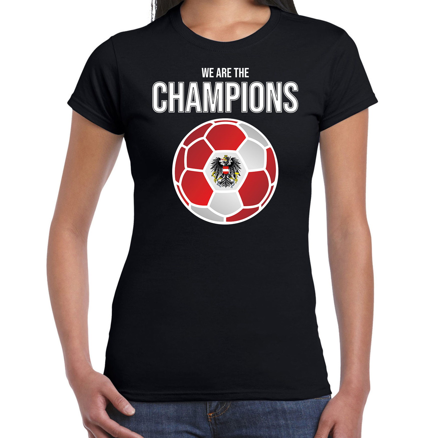 Oostenrijk EK- WK supporter t-shirt we are the champions met Oostenrijkse voetbal zwart dames
