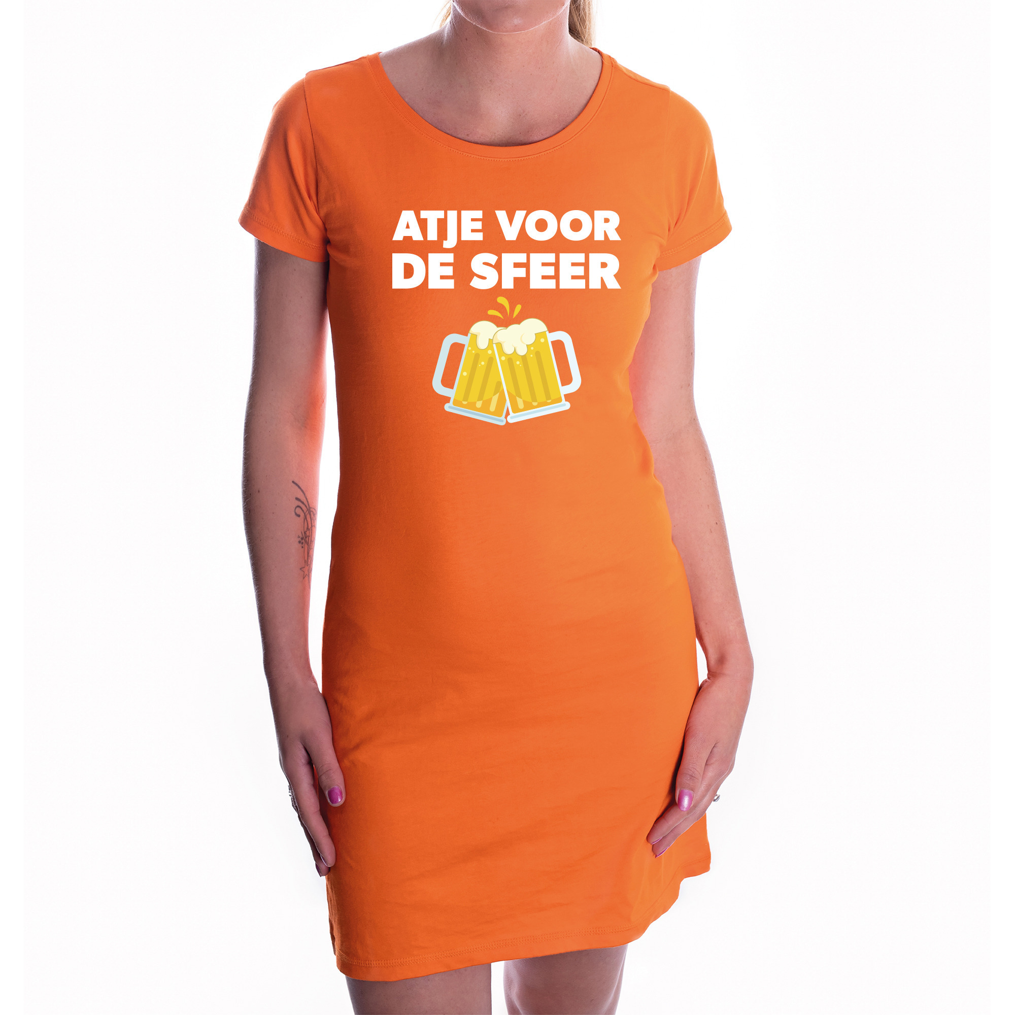 Oranje feest jurk met atje voor de sfeer bedrukking