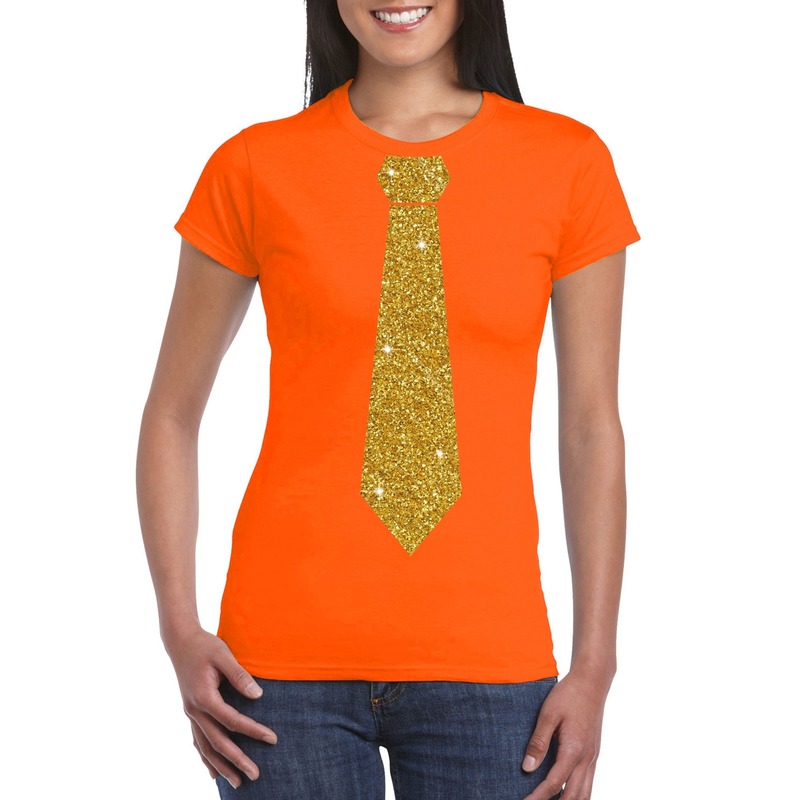 Oranje fun t-shirt met stropdas in glitter goud dames