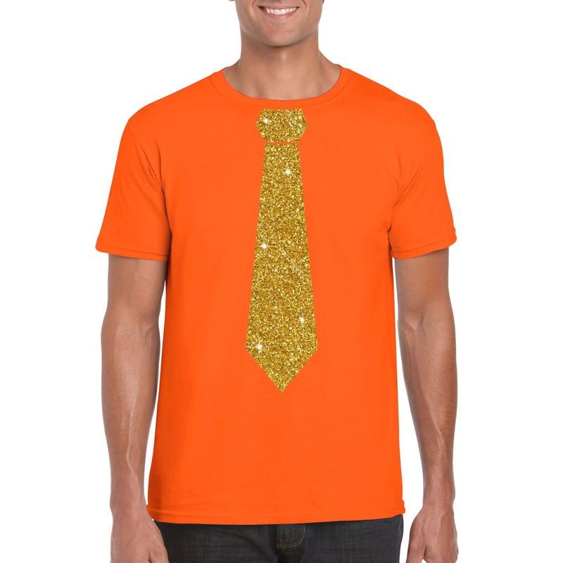 Oranje fun t-shirt met stropdas in glitter goud heren