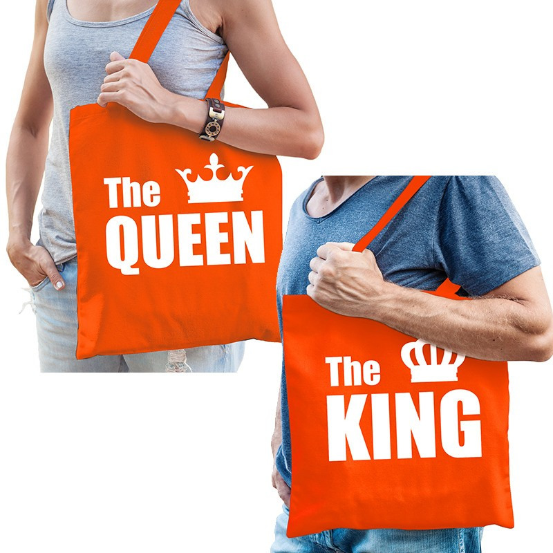 Oranje katoenen tas the king-the queen witte tekst volwassenen