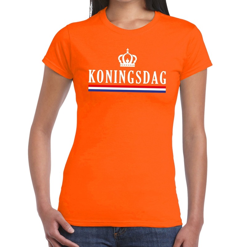 Oranje Koningsdag met vlag en kroontje t-shirt voor dames
