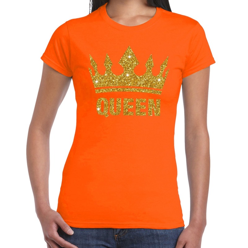 Oranje Koningsdag Queen shirt met gouden glitters en kroon dames
