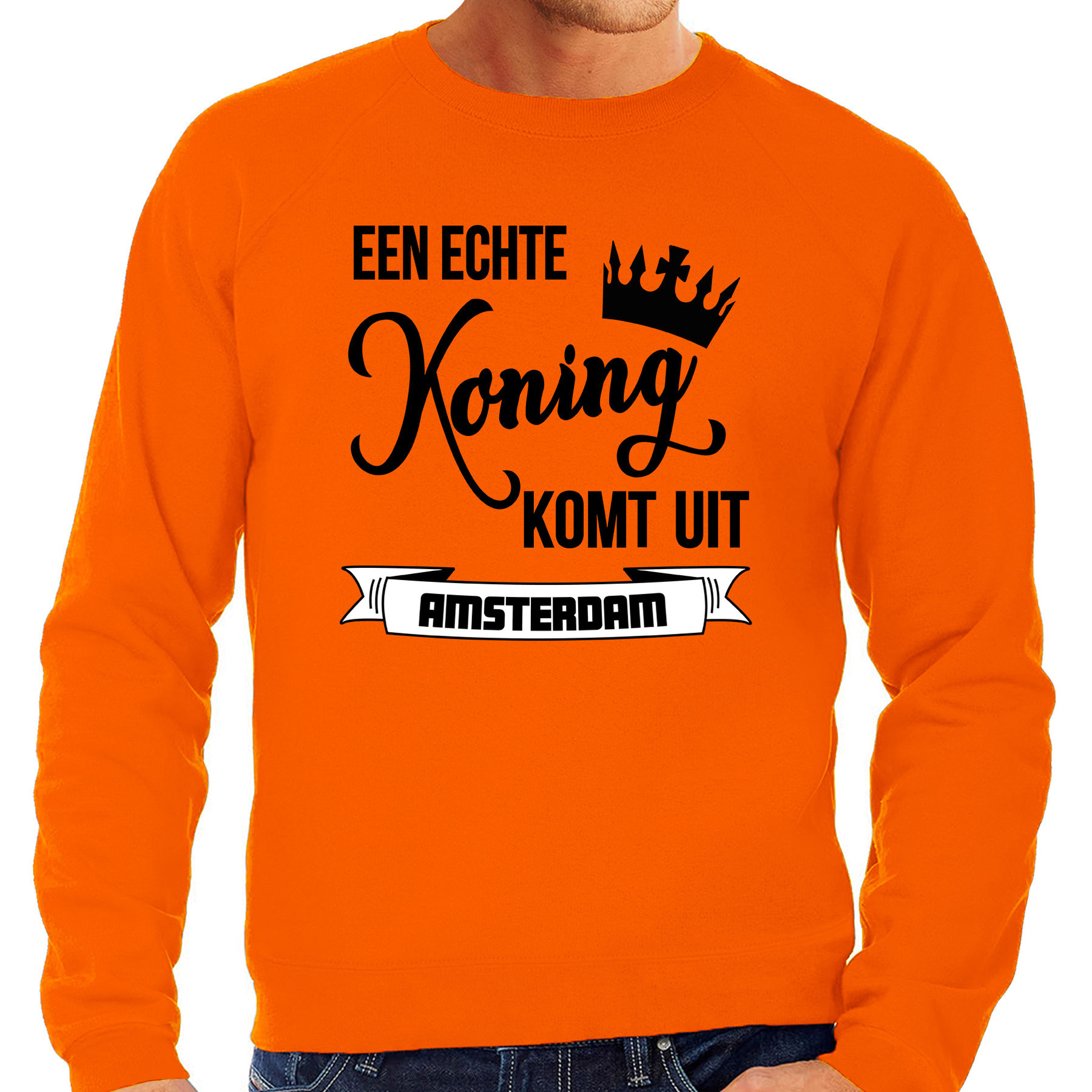 Oranje Koningsdag sweater echte Koning komt uit Amsterdam heren trui