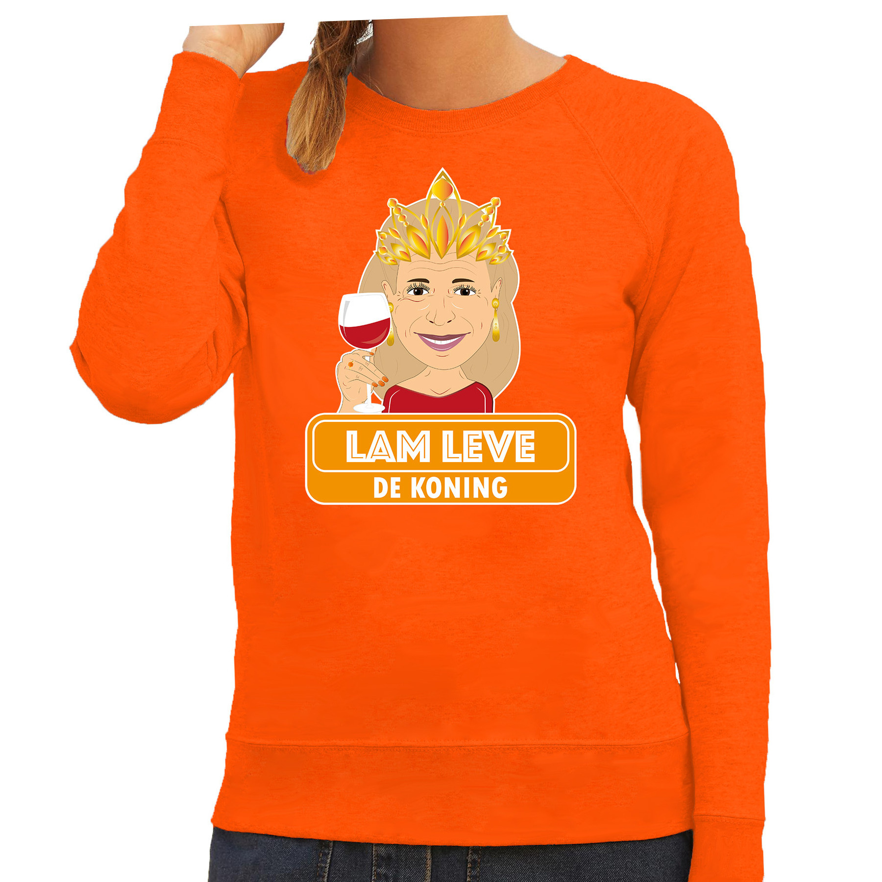 Oranje Koningsdag sweater lam leve de koning Maxima dames