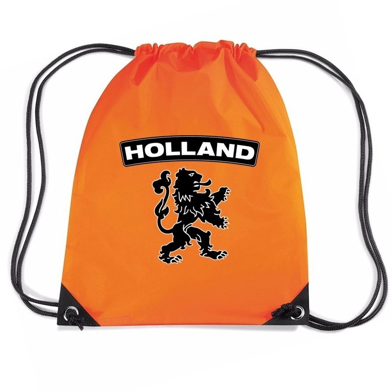 Oranje sporttas met rijgkoord Holland zwarte leeuw