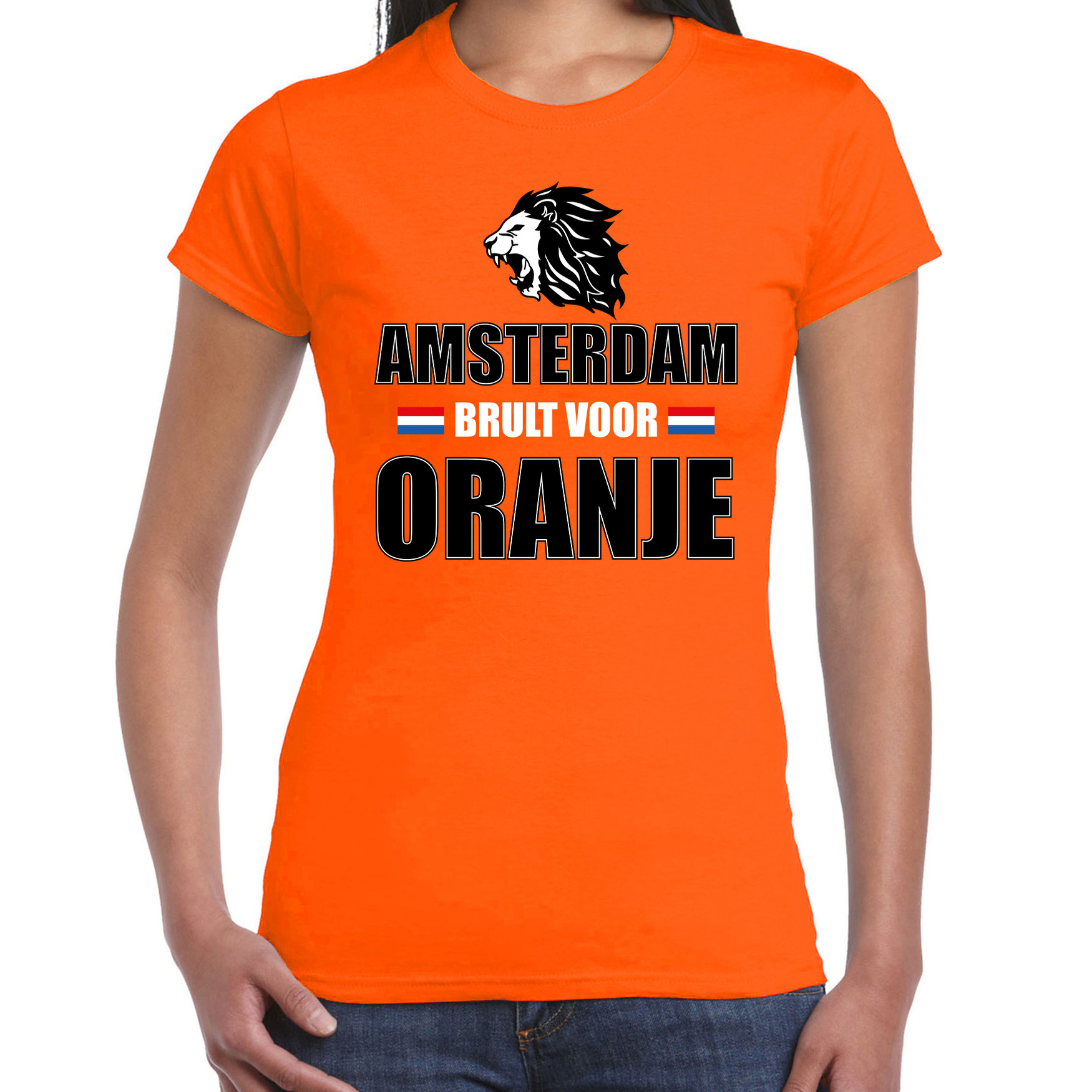 Oranje t-shirt Amsterdam brult voor oranje dames Holland-Nederland supporter shirt EK- WK