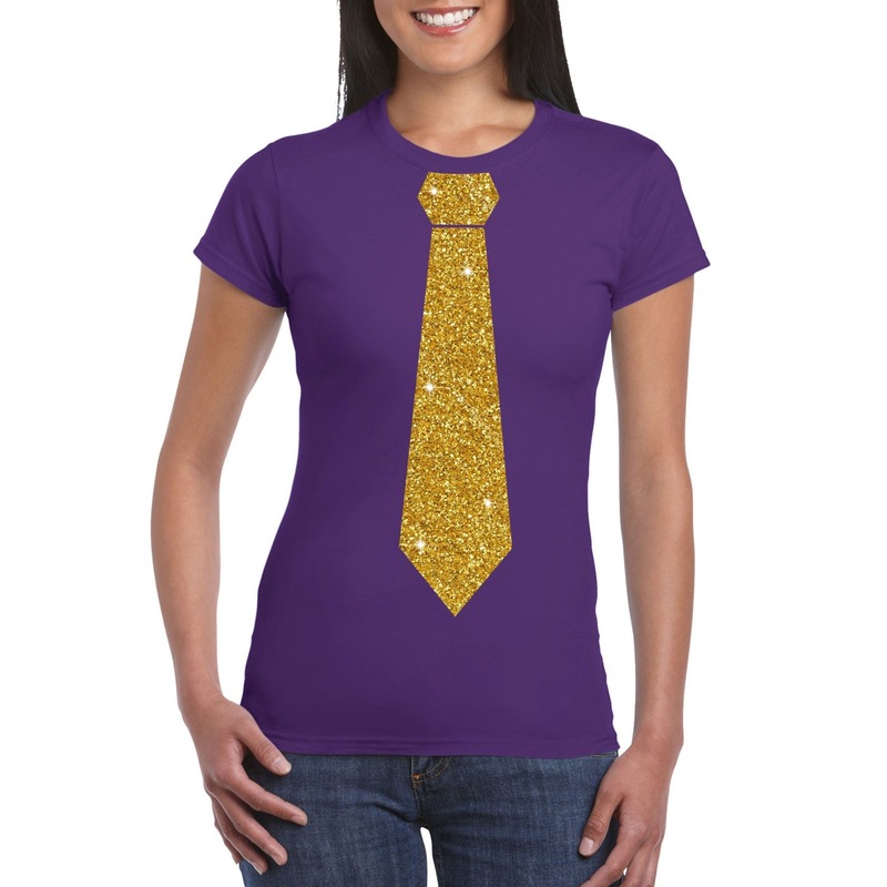 Paars fun t-shirt met stropdas in glitter goud dames