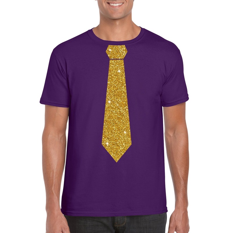 Paars fun t-shirt met stropdas in glitter goud heren