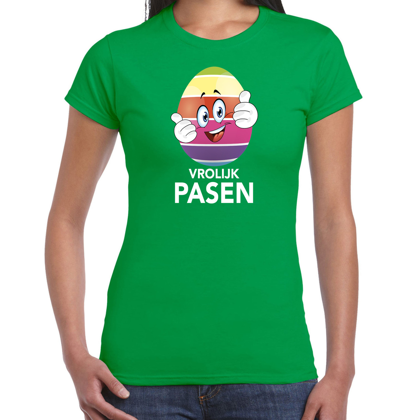 Paasei met duimen schuin omhoog vrolijk Pasen t-shirt groen voor dames Paas kleding-outfit