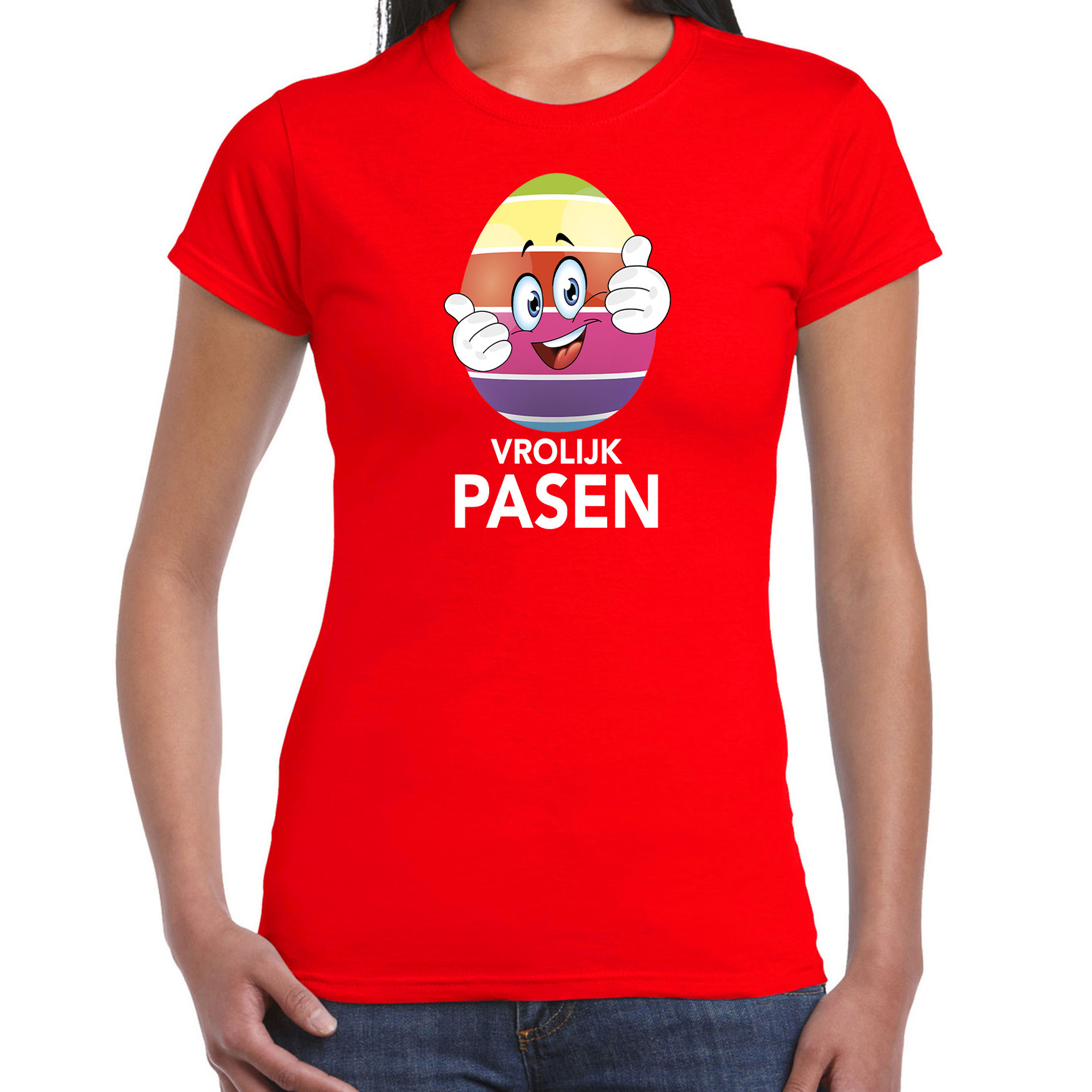 Paasei met duimen schuin omhoog vrolijk Pasen t-shirt rood voor dames Paas kleding-outfit