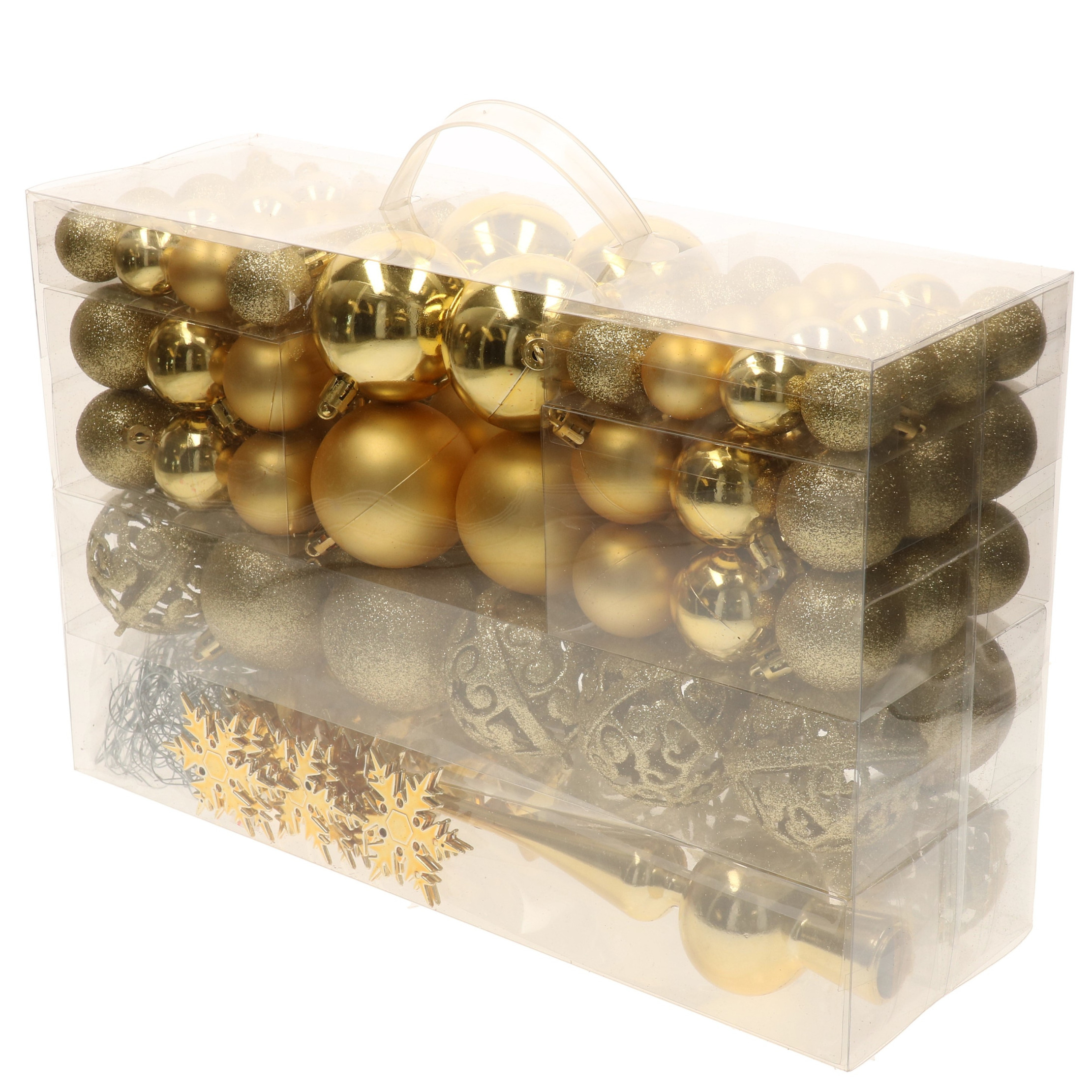 Pakket met 110x stuks kunststof kerstballen-ornamenten met piek goud