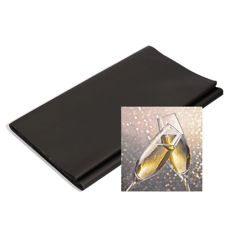 Papieren tafelkleed-tafellaken zwart inclusief oud en nieuw-nieuwjaar servetten