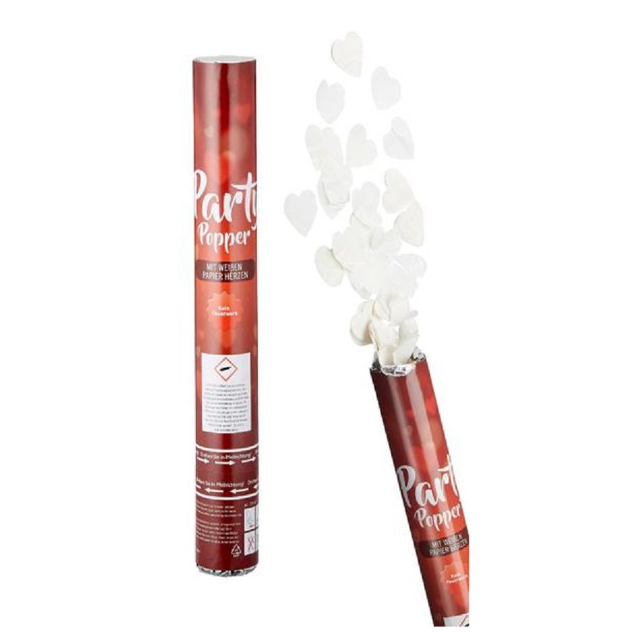 Party popper-confetti shooter valentijn-bruiloft hartjes wit 40 cm