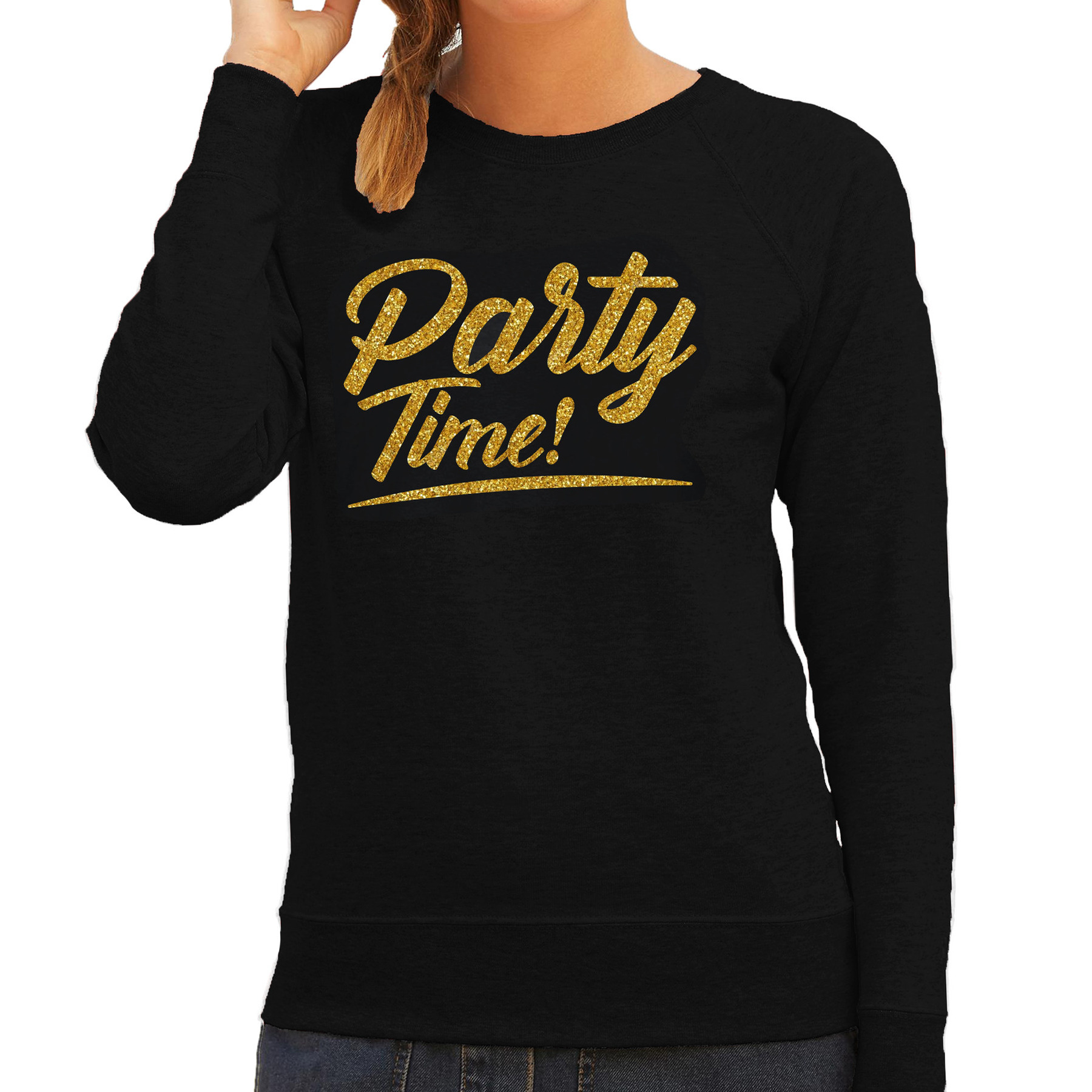 Party time goud tekst sweater zwart dames Glitter en Glamour goud party kleding trui
