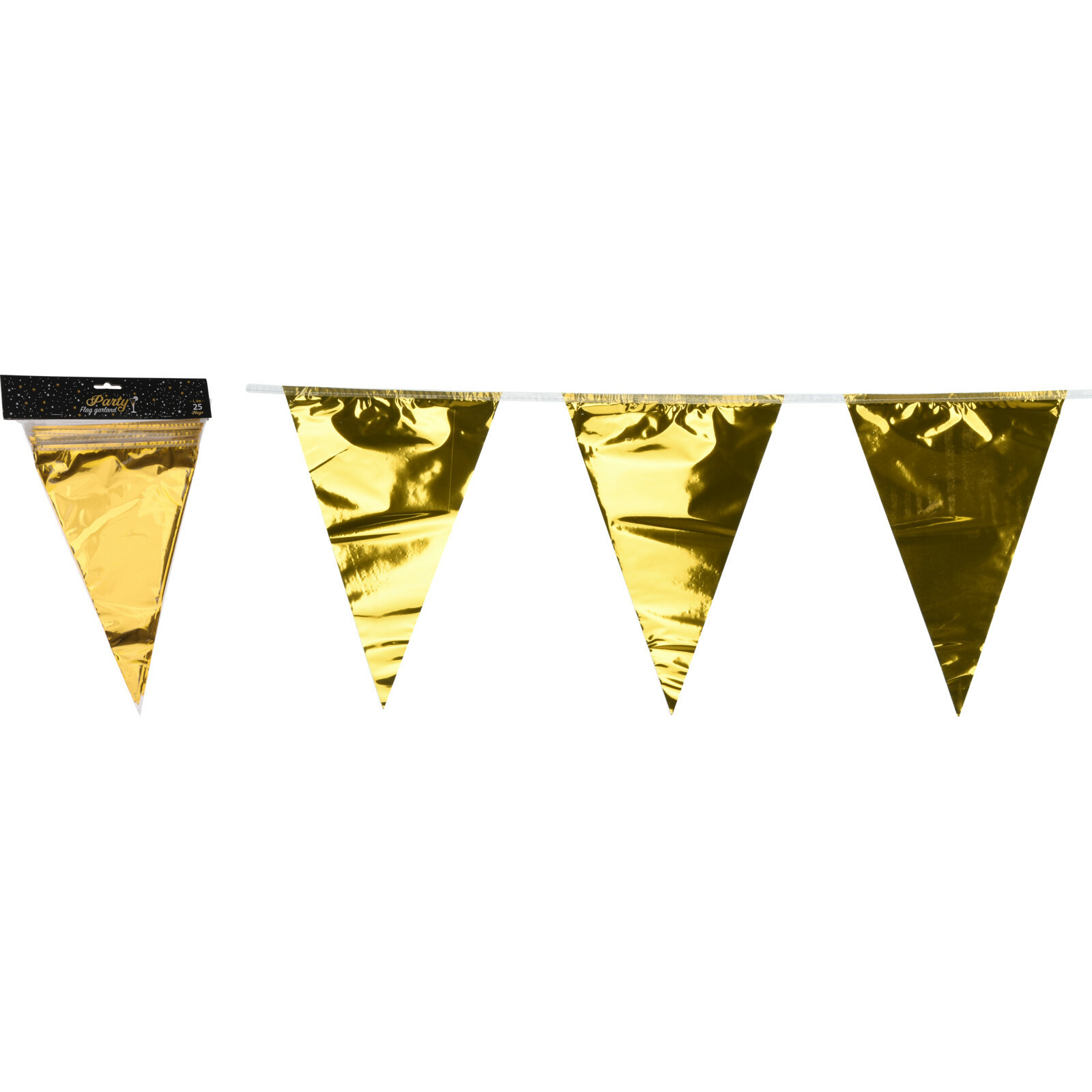 Party Vlaggenlijn binnen-buiten plastic metallic goud 6 m 25 vlaggetjes