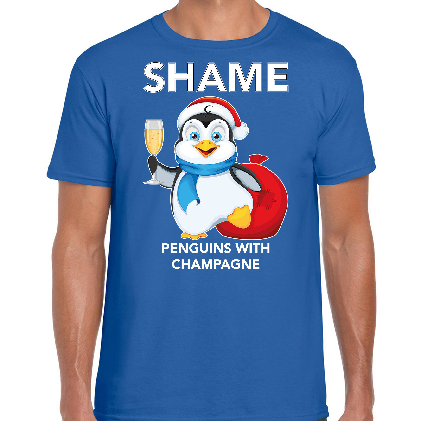 Pinguin Kerst t-shirt-outfit Shame penguins with champagne blauw voor heren