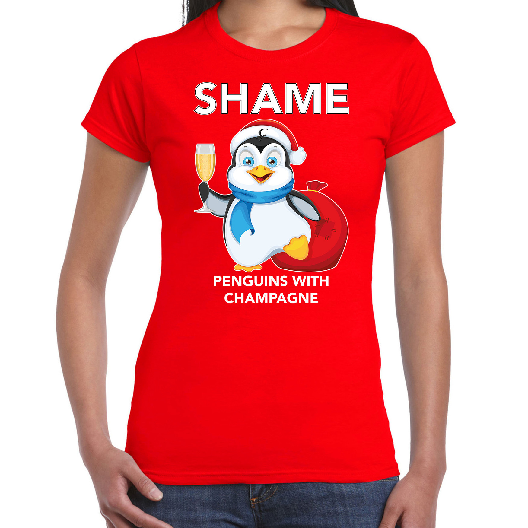 Pinguin Kerst t-shirt-outfit Shame penguins with champagne rood voor dames