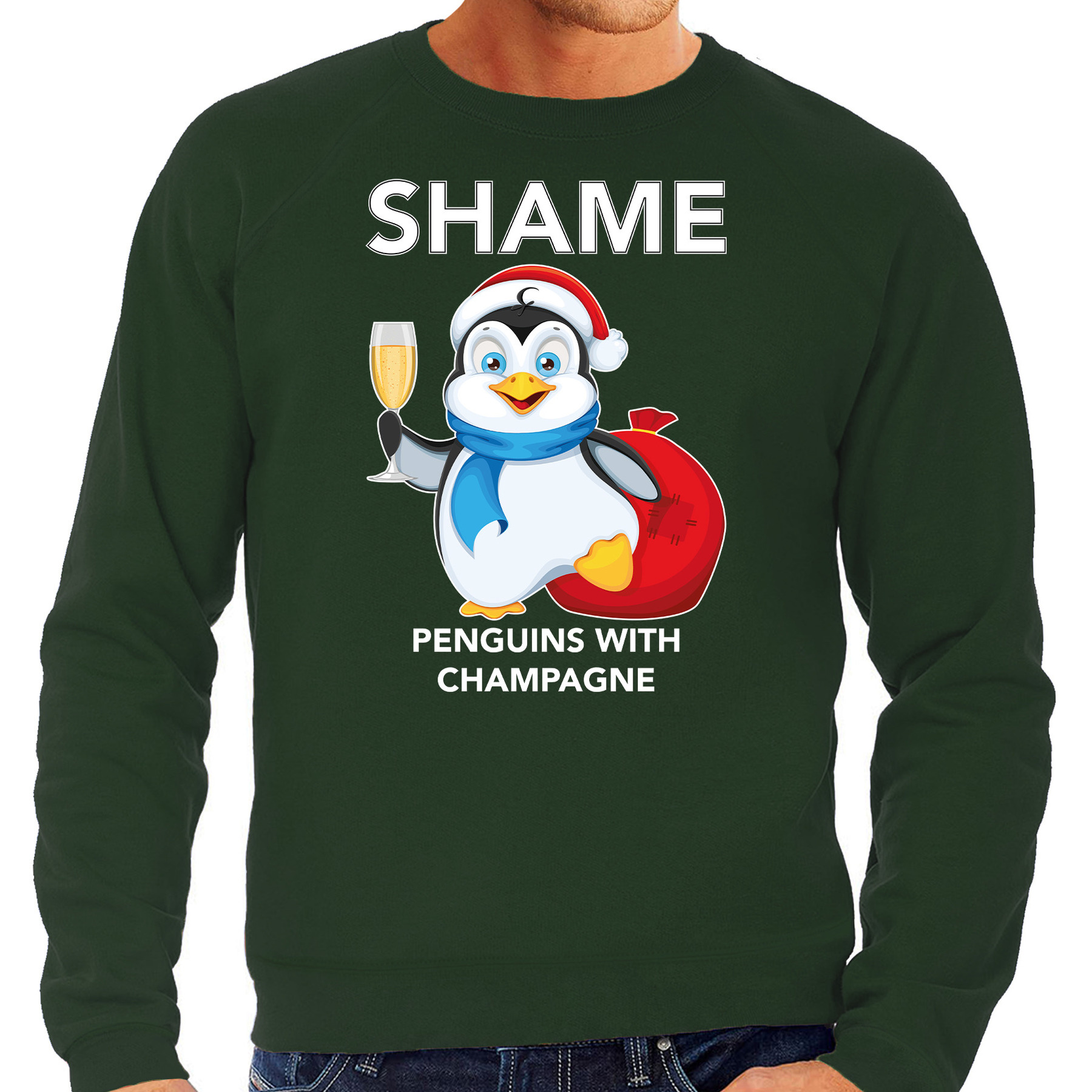 Pinguin Kersttrui-outfit Shame penguins with champagne groen voor heren
