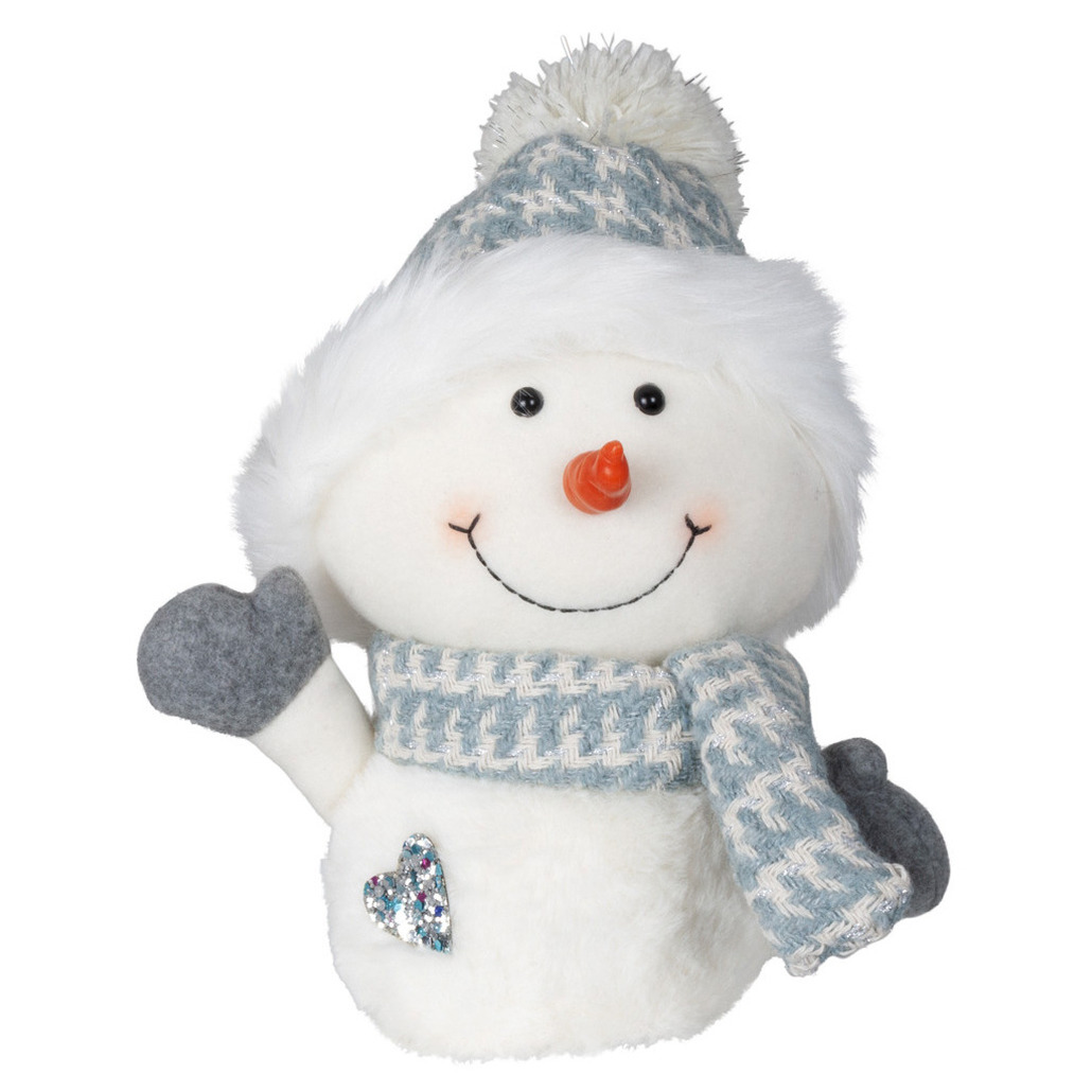Pluche decoratie sneeuwpop 27 cm blauw met sjaal en muts