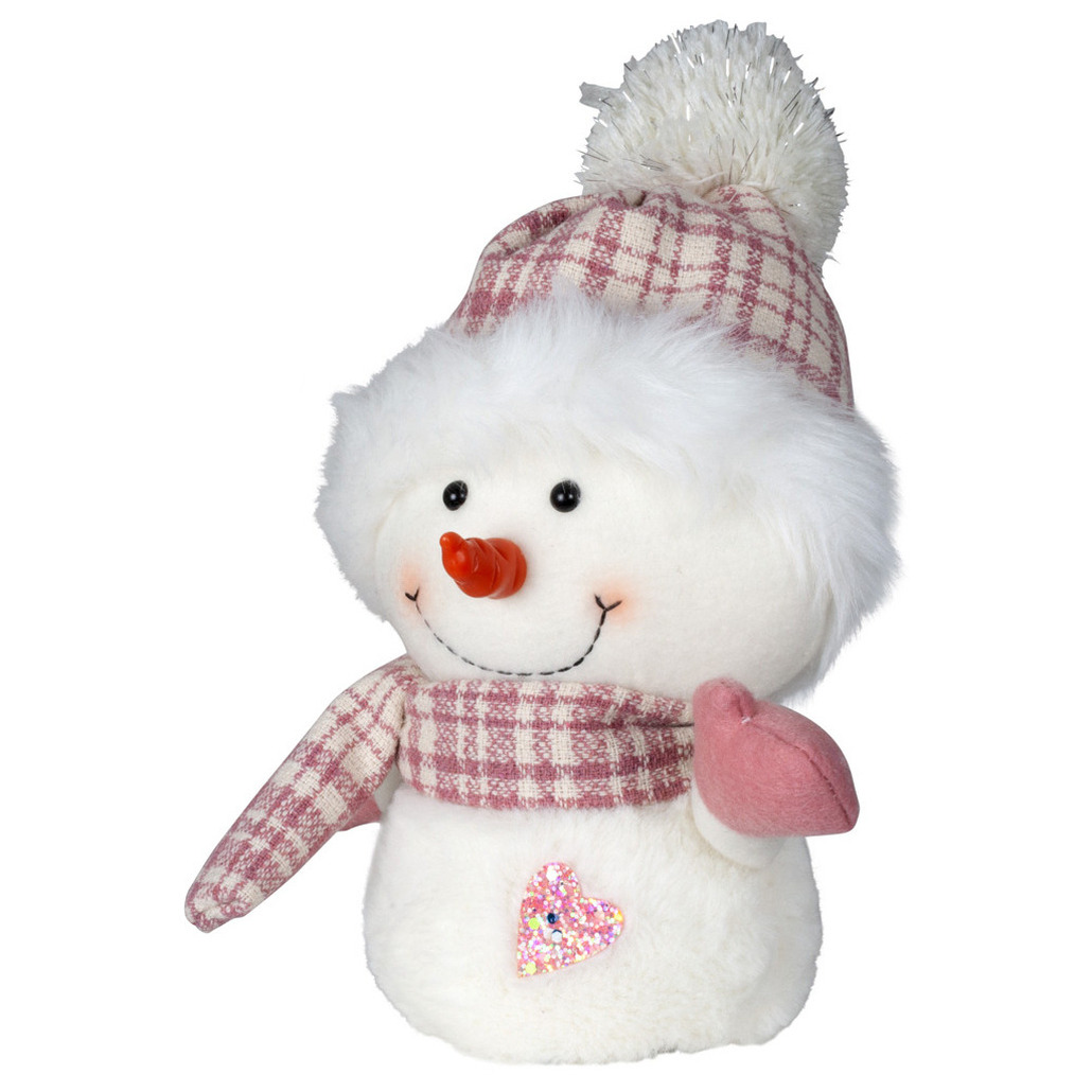 Pluche decoratie sneeuwpop 27 cm roze pop met sjaal en muts