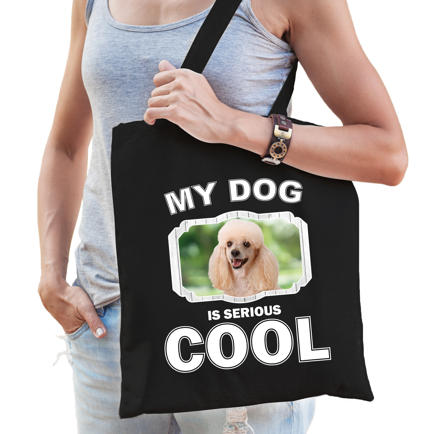 Poedel honden tasje zwart volwassenen en kinderen my dog serious is cool kado boodschappentasje