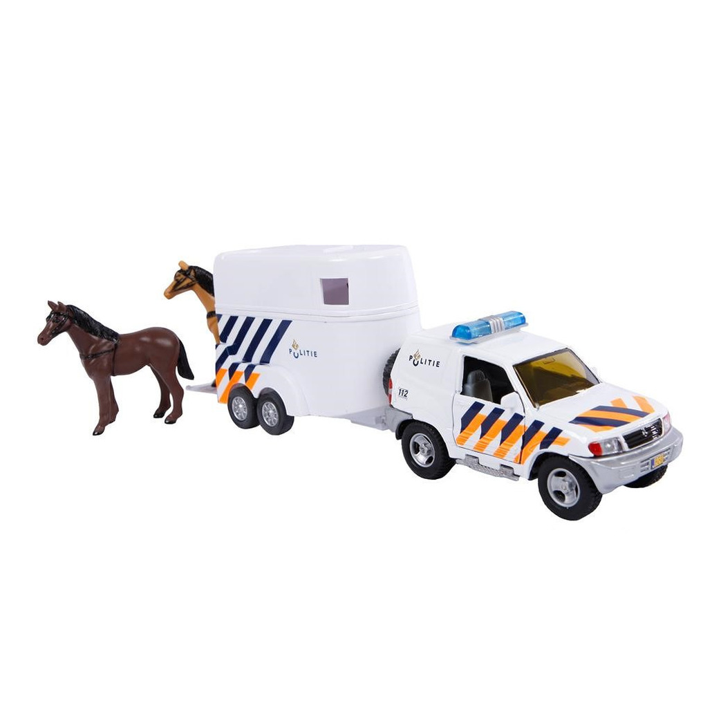 Politie auto met paardentrailer en 2 paarden speelgoed 28 cm