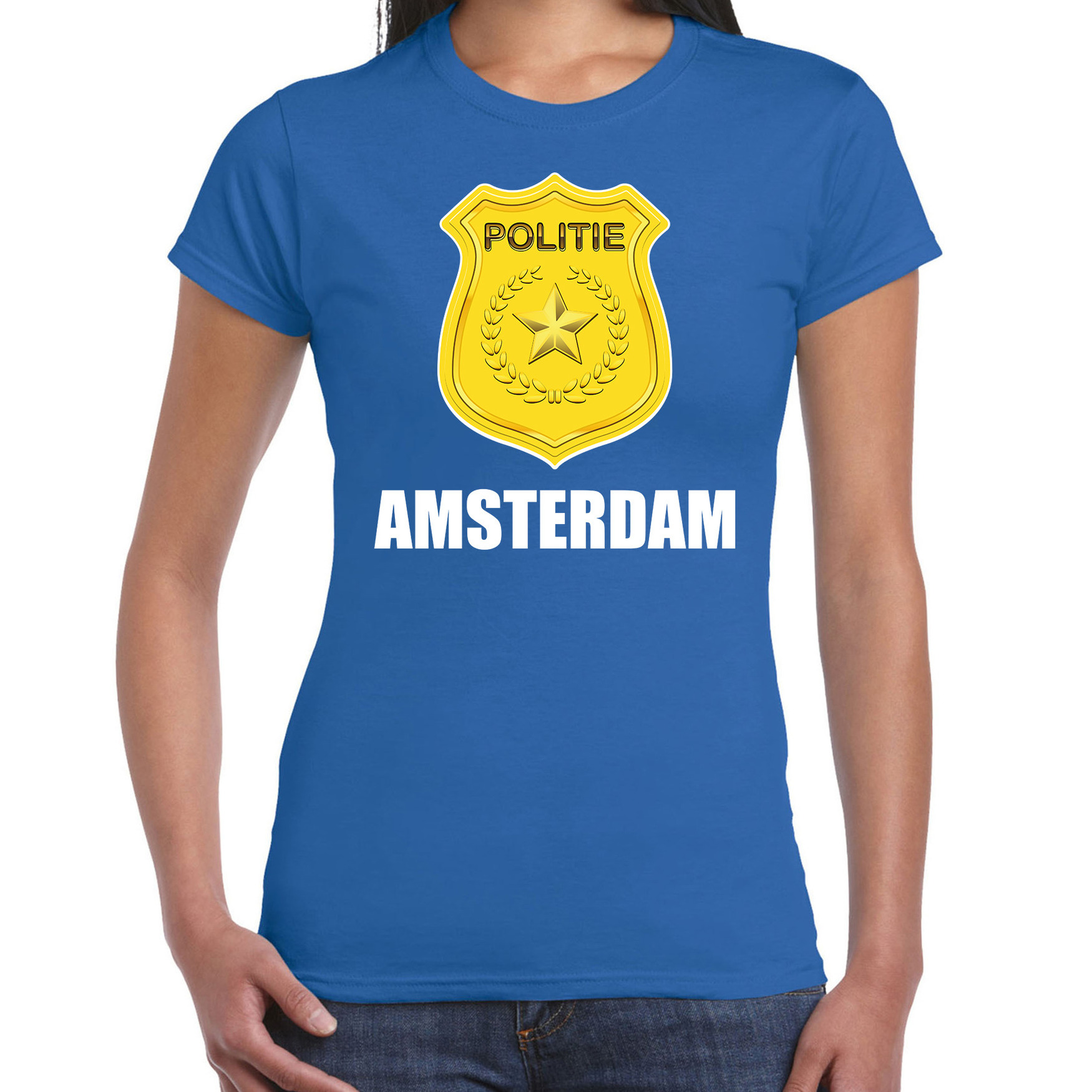 Politie embleem Amsterdam carnaval verkleed t-shirt blauw voor dames