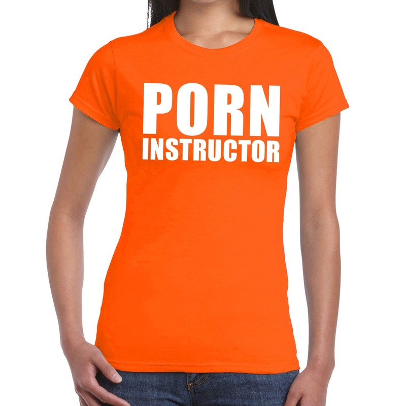 Porn instructor tekst t-shirt oranje dames
