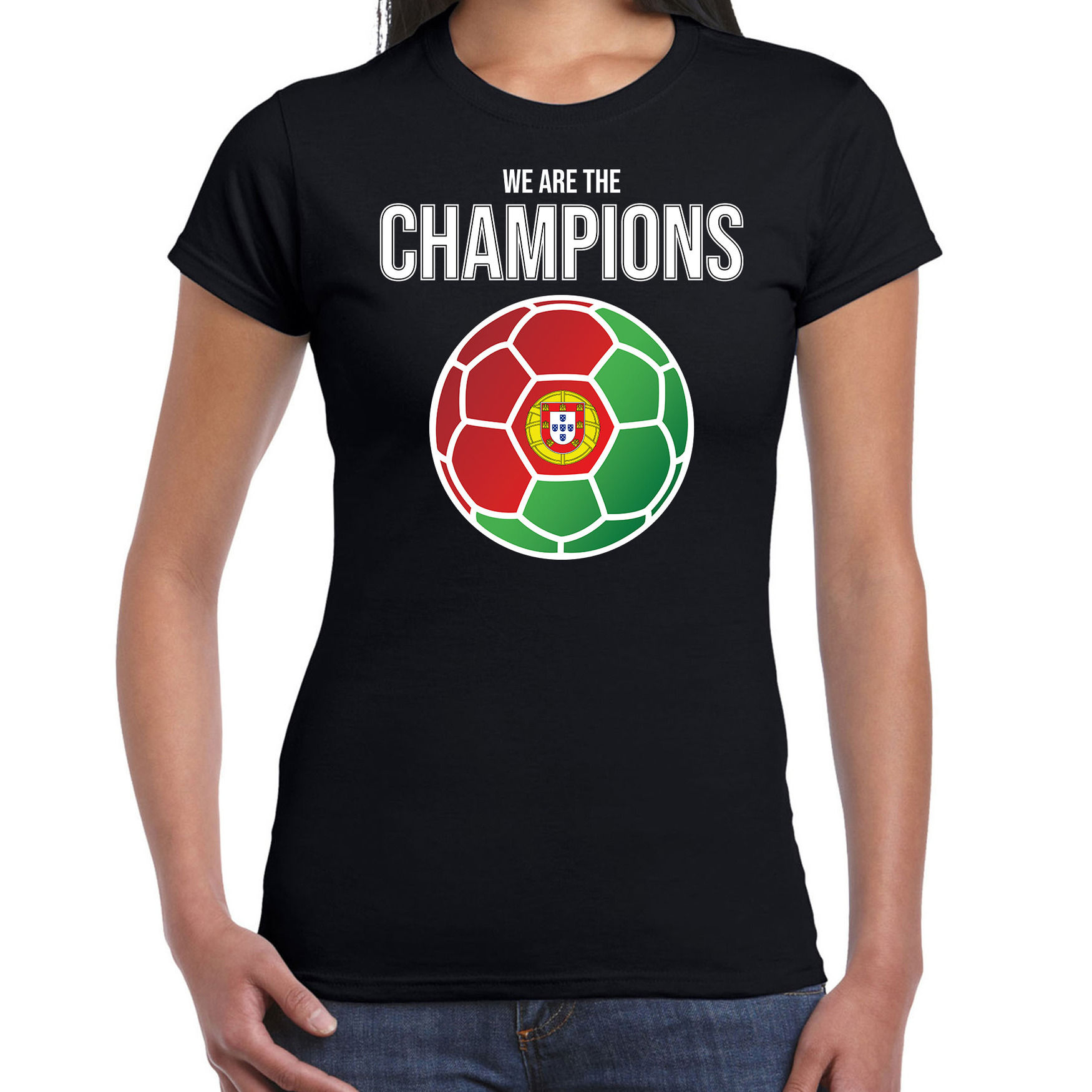 Portugal EK- WK supporter t-shirt we are the champions met Portugese voetbal zwart dames