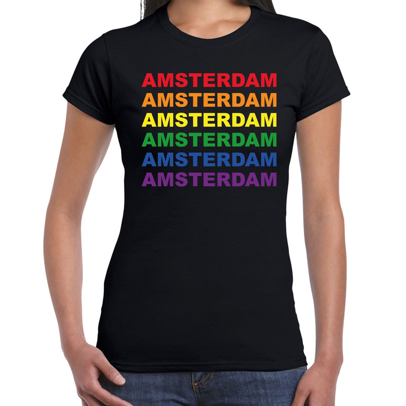 Regenboog Amsterdam gay pride zwart t-shirt voor dames