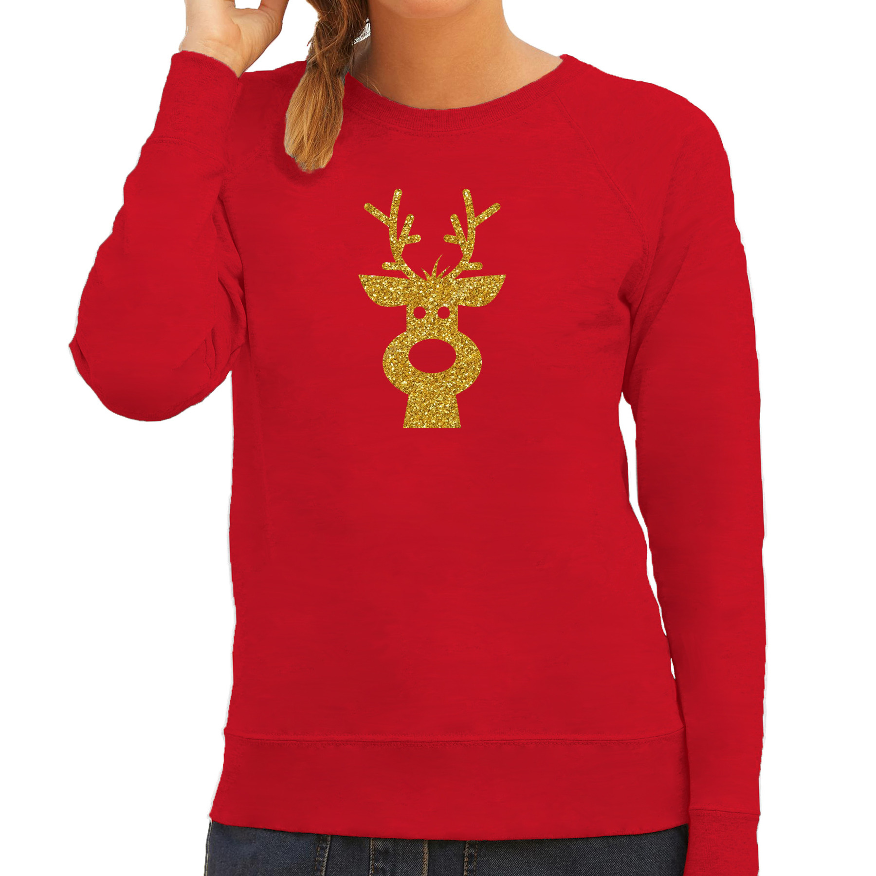 Rendier hoofd Kerst sweater-trui rood voor dames met gouden glitter bedrukking