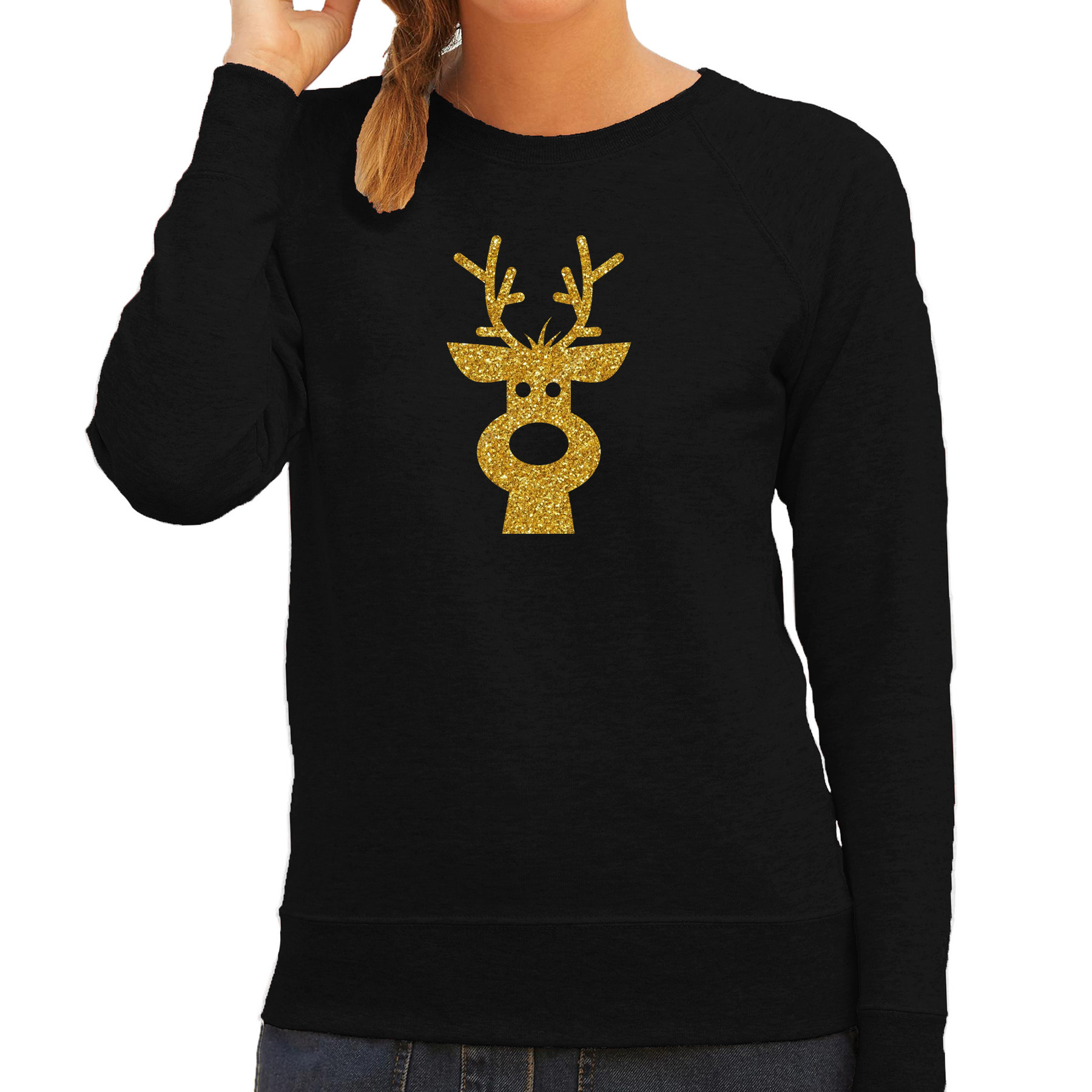 Rendier hoofd Kerst sweater-trui zwart voor dames met gouden glitter bedrukking