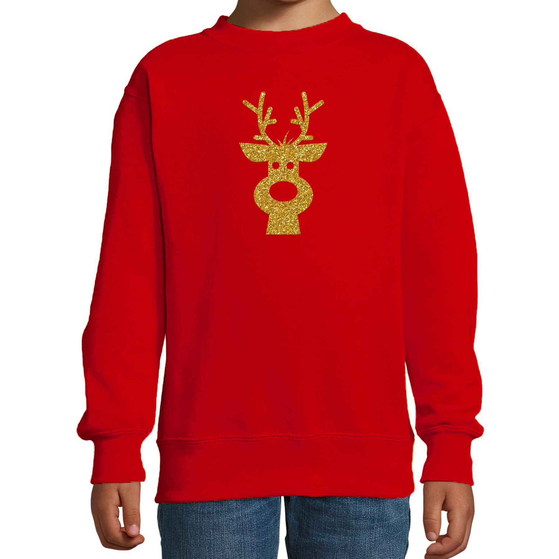 Rendier hoofd Kerstsweater-Kersttrui rood voor kinderen met gouden glitter bedrukking