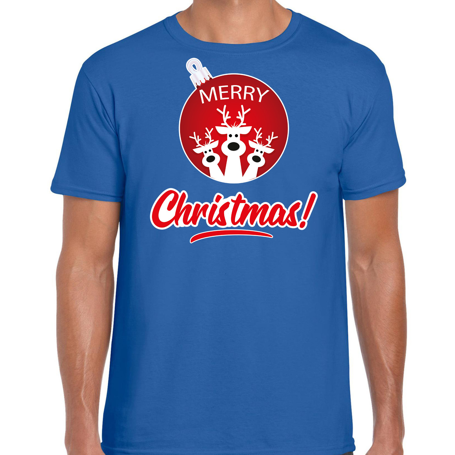Rendier Kerstbal shirt-Kerst t-shirt Merry Christmas blauw voor heren