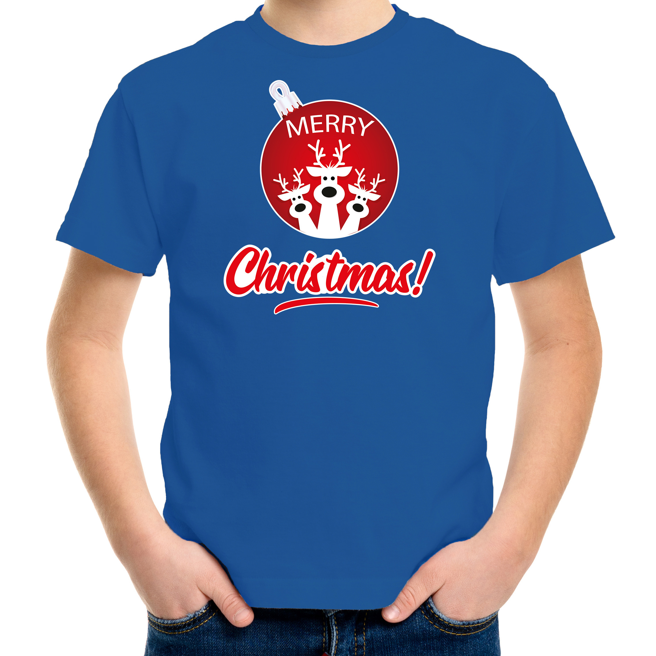 Rendier Kerstbal shirt-Kerst t-shirt Merry Christmas blauw voor kinderen