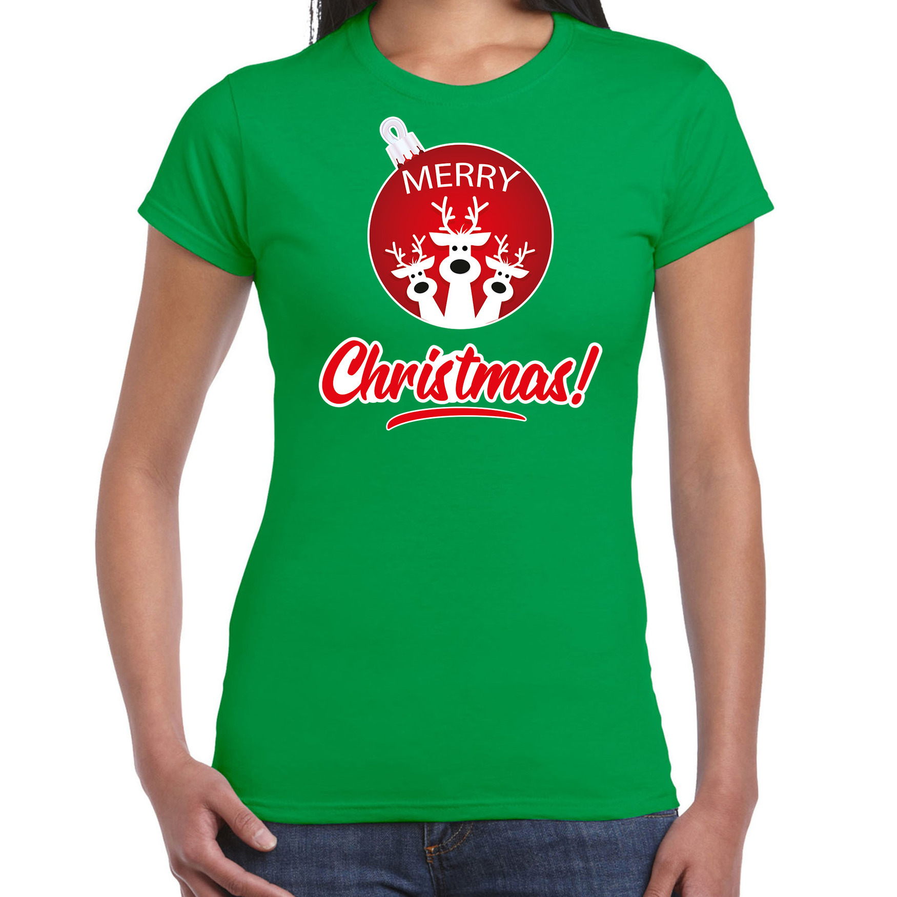 Rendier Kerstbal shirt-Kerst t-shirt Merry Christmas groen voor dames