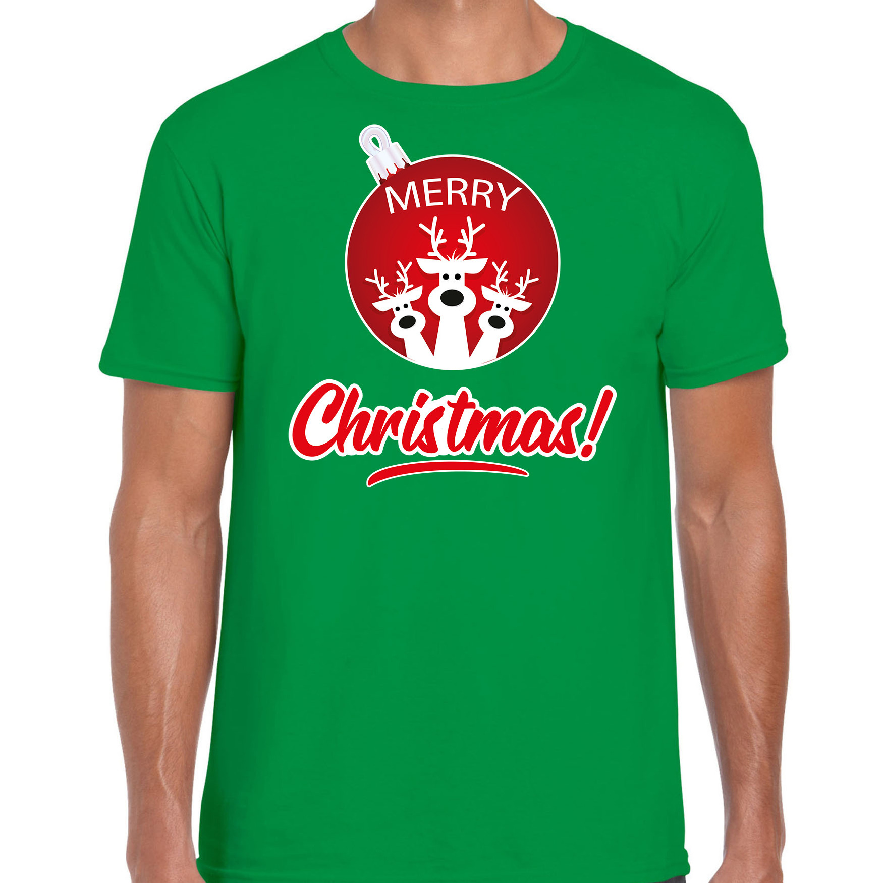 Rendier Kerstbal shirt-Kerst t-shirt Merry Christmas groen voor heren