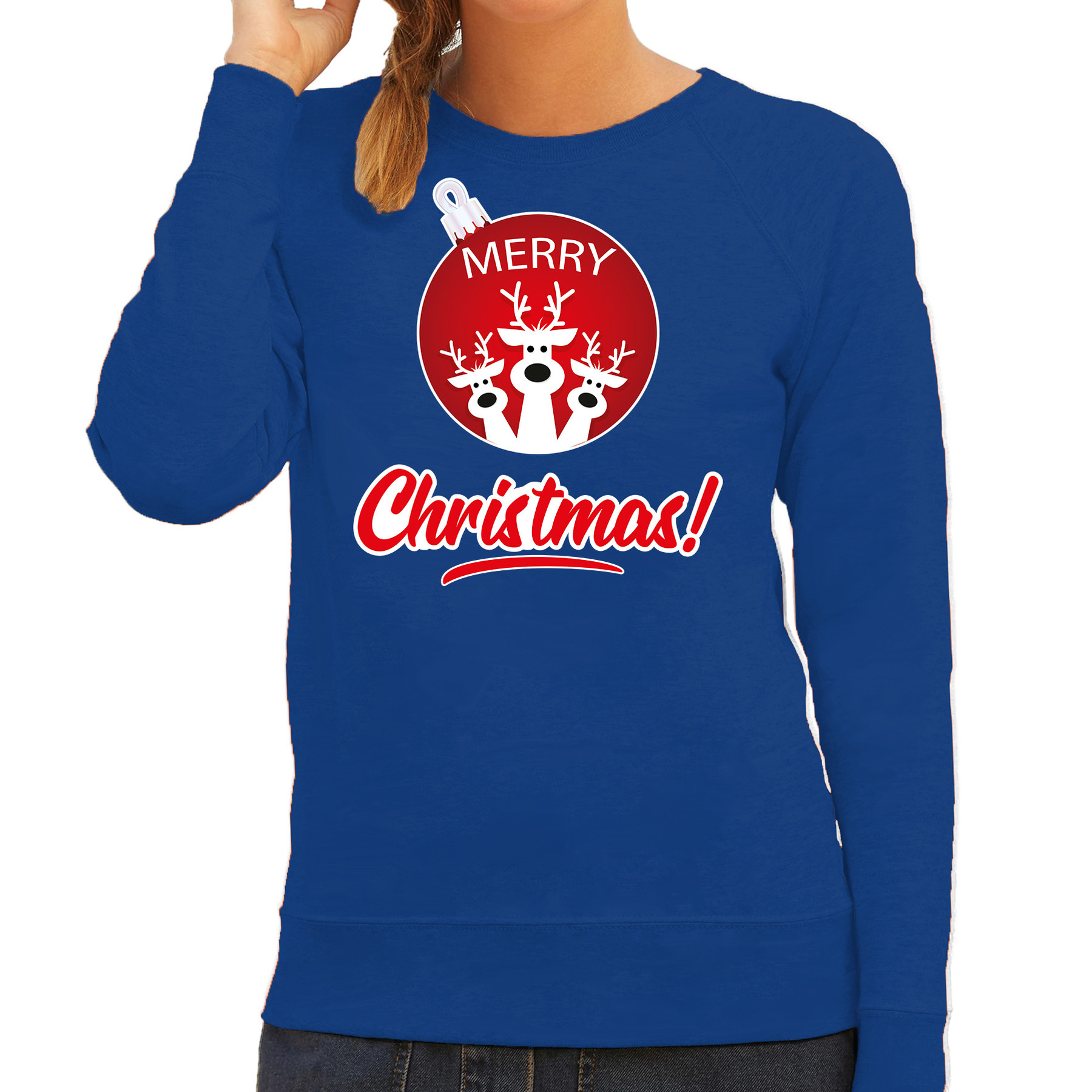 Rendier Kerstbal sweater-Kerst outfit Merry Christmas blauw voor dames