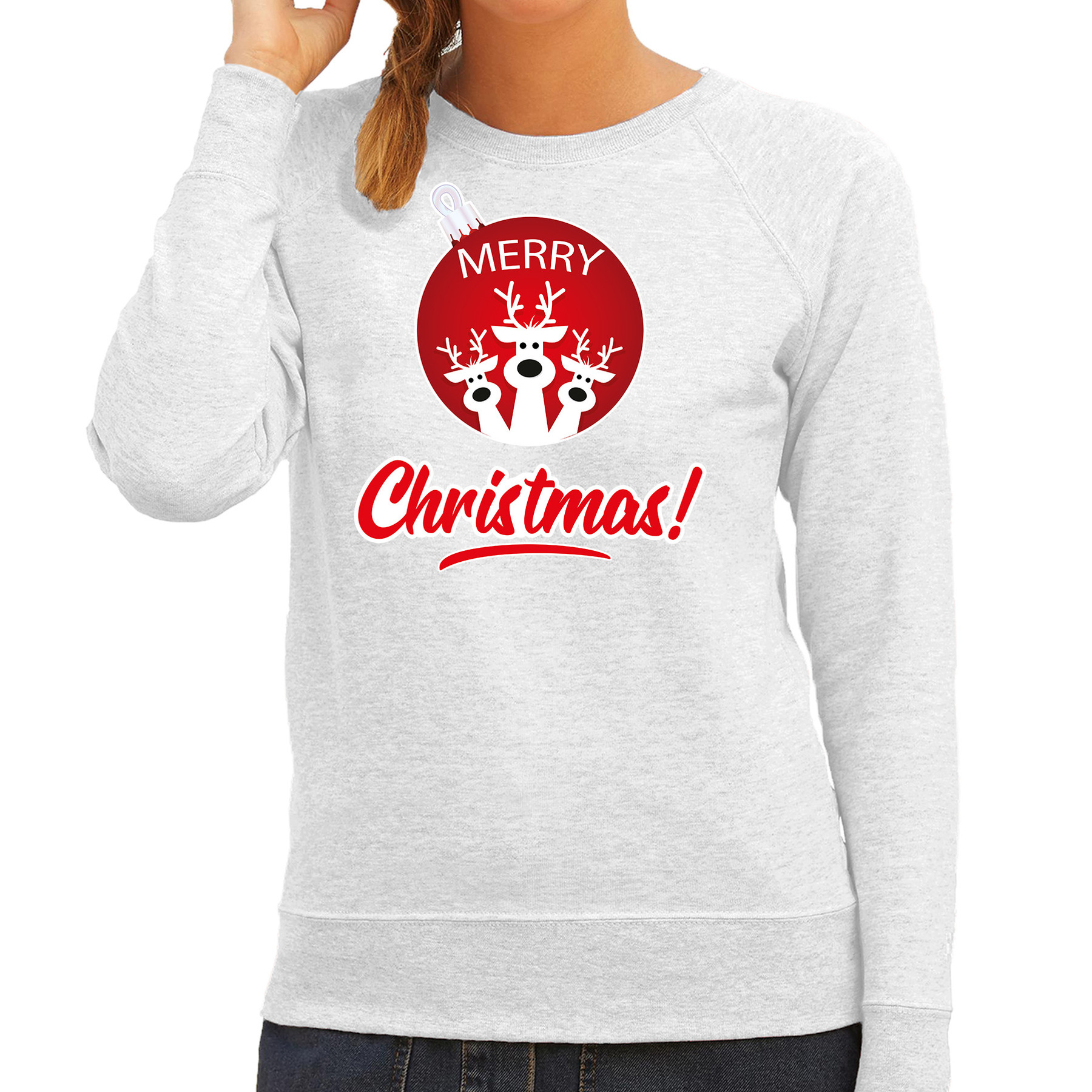 Rendier Kerstbal sweater-Kerst outfit Merry Christmas grijs voor dames