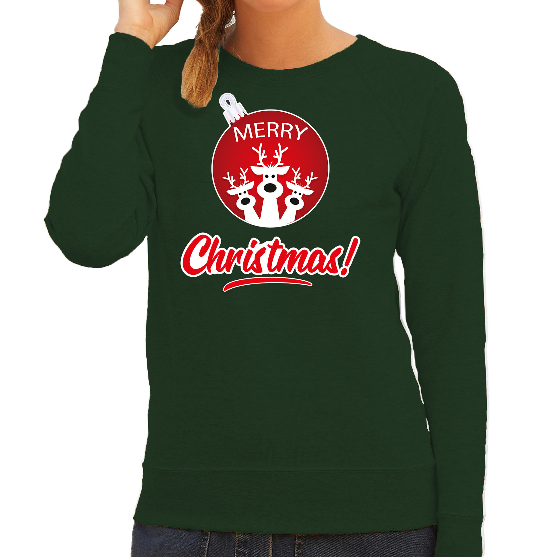 Rendier Kerstbal sweater-Kerst outfit Merry Christmas groen voor dames