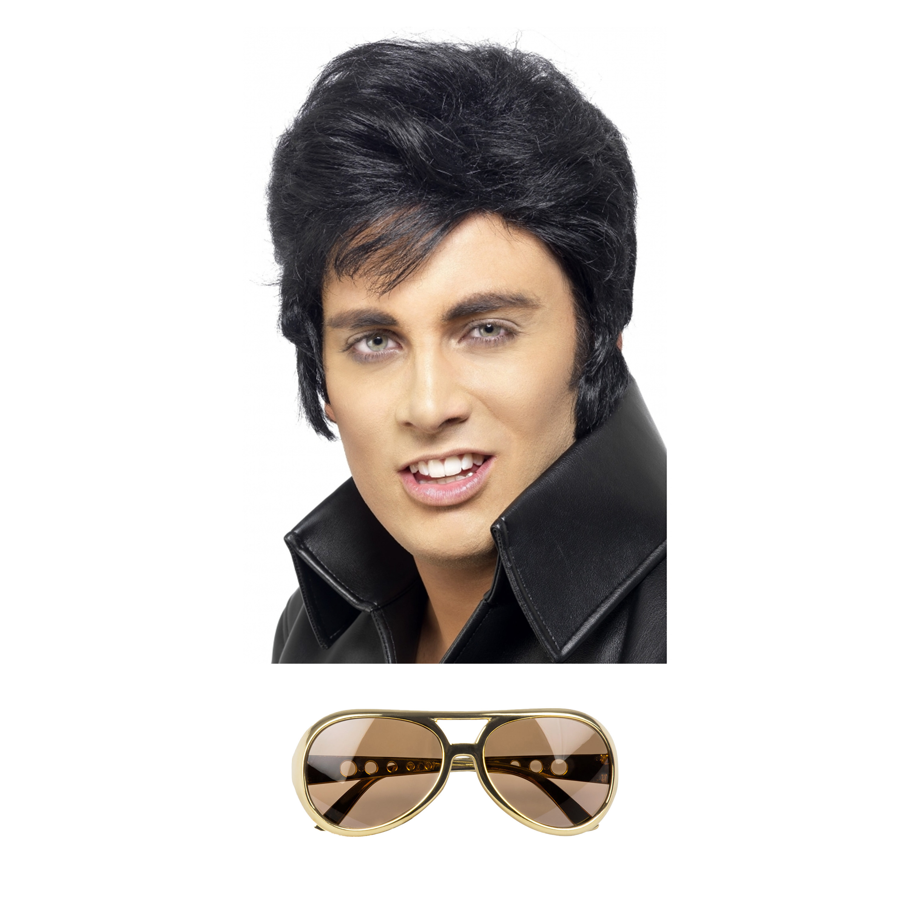 Rock and Roll ster Elvis verkleed set herenpruik zwart met kuif en bril goud montuur