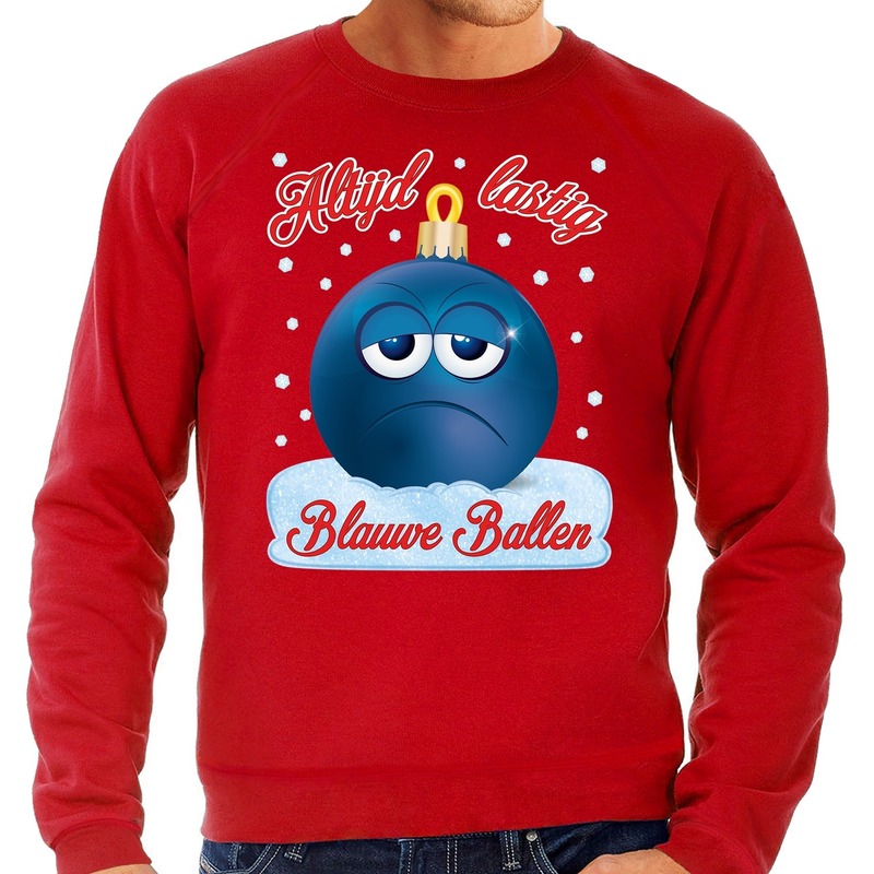 Rode foute kerstsweater-trui Blauwe ballen-blue balls voor heren