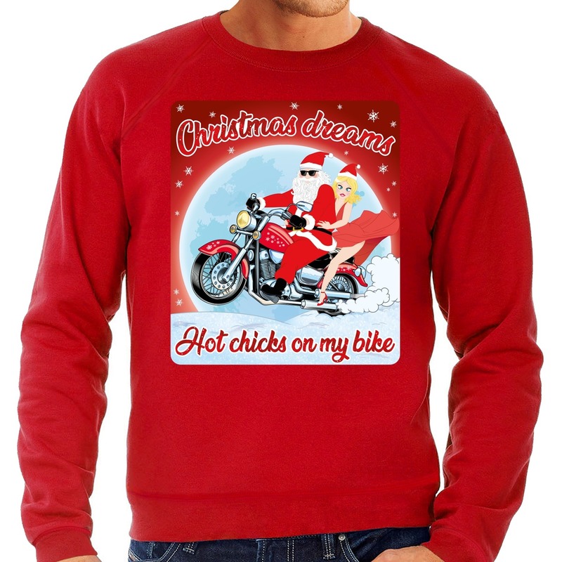Rode foute kersttrui-sweater christmas dreams hot chicks on my bike voor motor fans voor heren