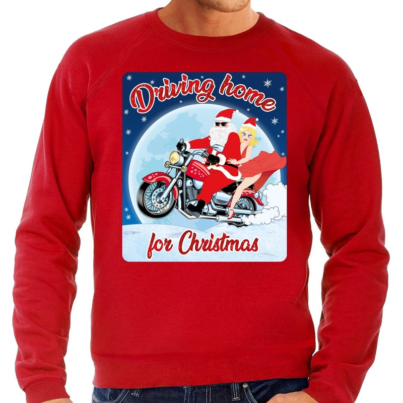 Rode foute kersttrui-sweater driving home for christmas voor motorfans voor heren
