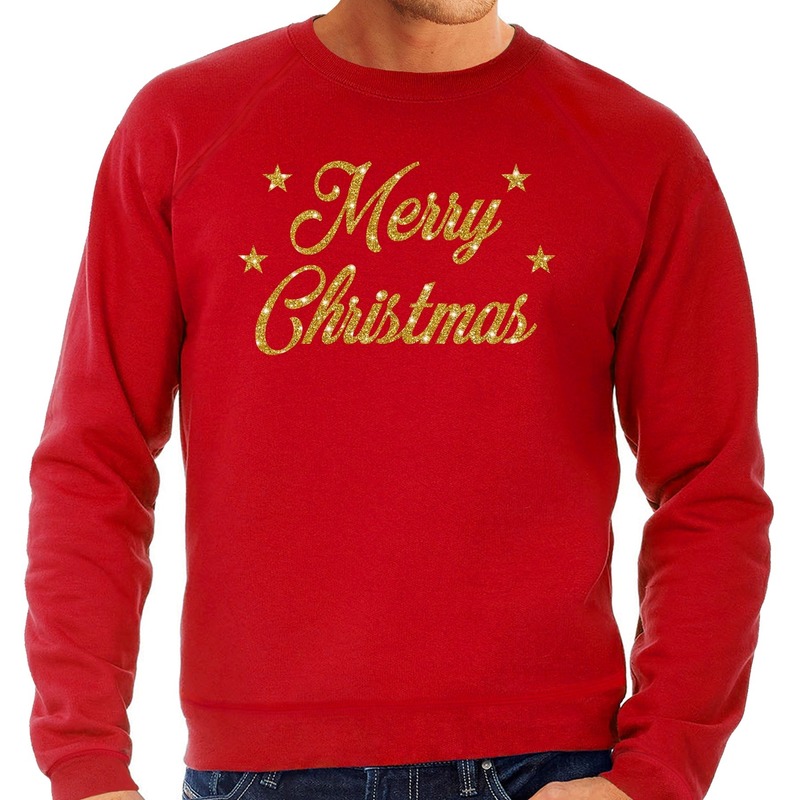 Rode foute kersttrui-sweater Merry Christmas gouden letters voor heren