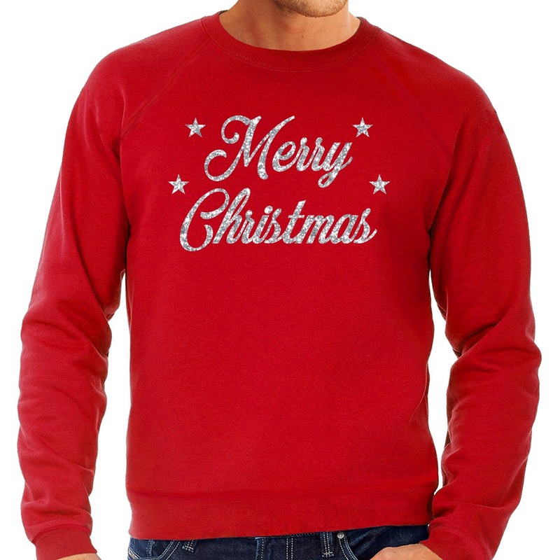 Rode foute kersttrui-sweater Merry Christmas zilveren letters voor heren